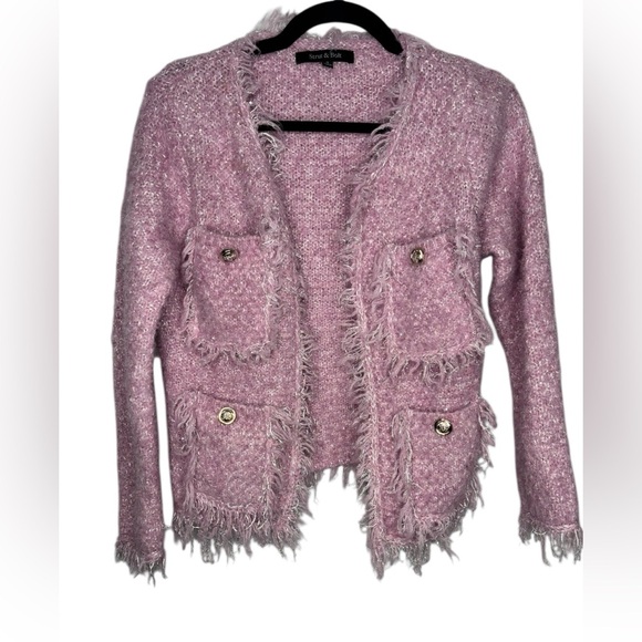 Strut & Bolt Preppy Barbie Pink Wool Glitter Blend Rae Hem Open Front Sweater S - Picture 1 of 13